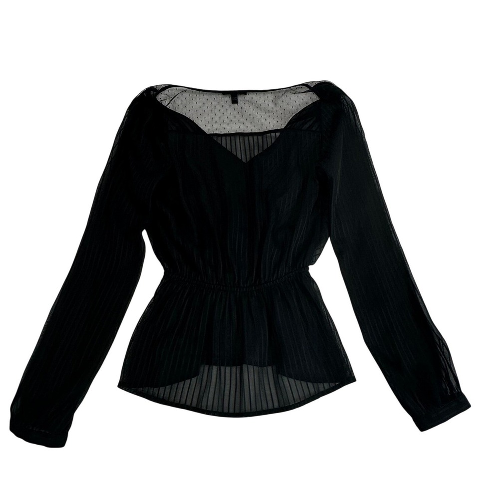 Express Black Sheer Striped Peplum Blouse V-Neck Mesh Yoke Women's - XS